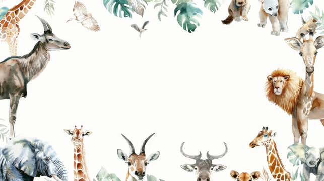 watercolor background with copy space in the center, a blank for ad or text, wild animals