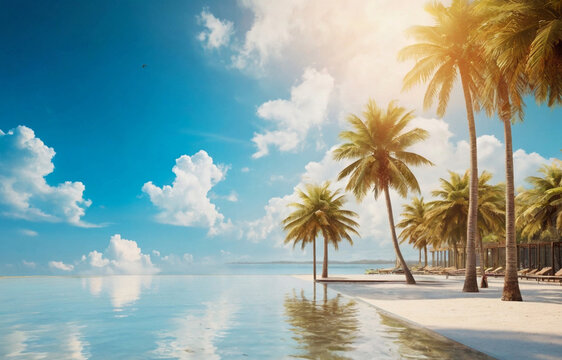 palm trees on the beach, Sky Melting in Park outside on the beach, light morning , luxury design. trendy. high quality photo