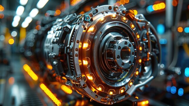 Cinematic photography of a car's alternator, its coils and stator poised to generate electrical power with unmatched efficiency,