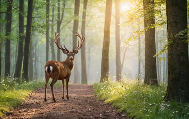 Deers in the wood, Spring Season Nature in the path, dew morning, low angle , luxury design....