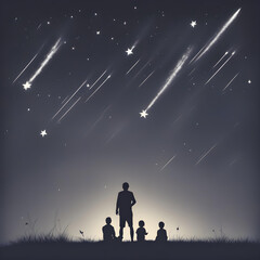 Pai e filhos silueta observando o céu com estrelas cadentes - obrazy, fototapety, plakaty