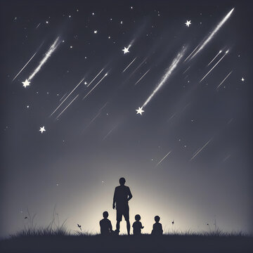 Pai e filhos silueta observando o céu com estrelas cadentes