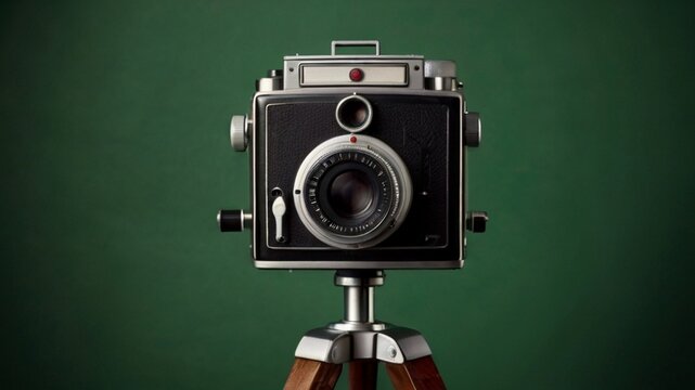 Retro camera on a tripod against green background