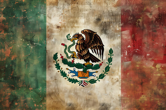 A faded, worn flag of Mexico with an eagle and a snake. The flag is red, white, and green