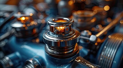 Close-up of a car's thermostat housing, its compact design hinting at the crucial role it plays in regulating engine temperature, captured in realistic detail for automotive enthusiasts to admire. - obrazy, fototapety, plakaty