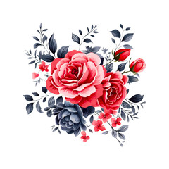 Vintage watercolor red roses flowers PNG.