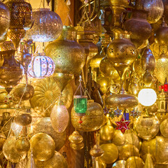 Shaining moroccan metal lamps in the shop in medina of Marrakesh, Morocco