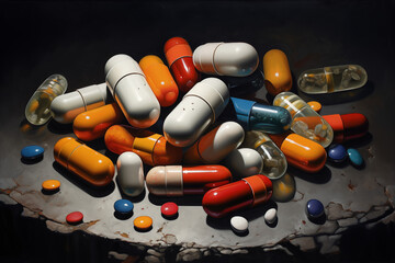 Several medications on a black background. Several tablets, pills, on black background. AIDS treatment. Treatment for an illness. Psychiatry. Infectious diseases.