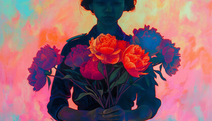 Stylish Woman with Neon Peonies in Surreal Art Portrait - obrazy, fototapety, plakaty