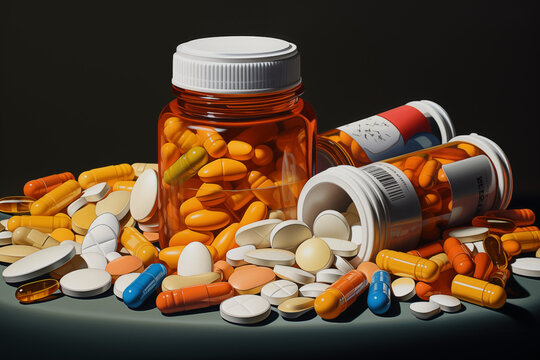 Several medications on a black background. Several tablets, pills, on black background. AIDS treatment; Treatment for an illness. Psychiatry. Infectious diseases.