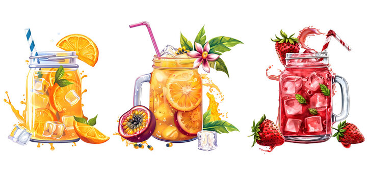  summer fruit drinks isolated on white background PNG transparent background.