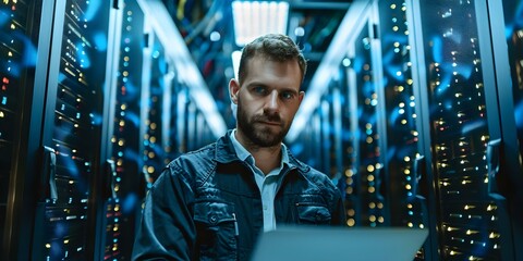 Man focused on checking server operation and data storage in a server room. Concept Server Room Management, Data Storage Solutions, IT Operations, Server Maintenance, Network Infrastructure - obrazy, fototapety, plakaty