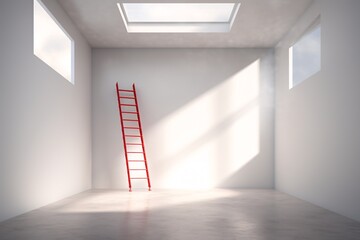 a red ladder in a room with windows - obrazy, fototapety, plakaty