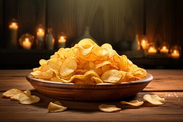 a bowl of potato chips - obrazy, fototapety, plakaty