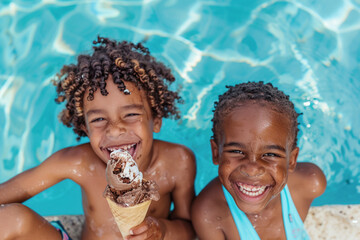 Retrato de dos niños negros dentro de una piscina en verano sonriendo y comiendo un helado - obrazy, fototapety, plakaty