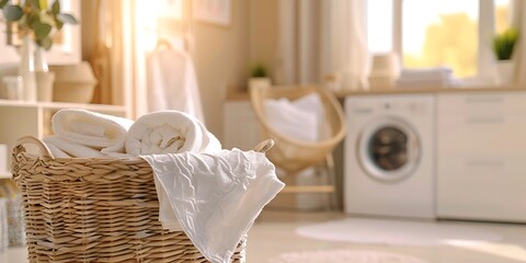 A laundry basket with white towels in the foreground - obrazy, fototapety, plakaty
