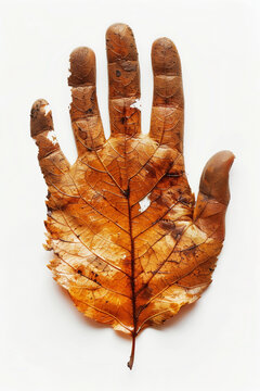 Top view photography of a hand print with leaf texture on white background. Having a hand in saving nature concept.