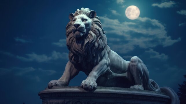 Ancient lion statue and bright moon in the night sky. Elements of this image furnished