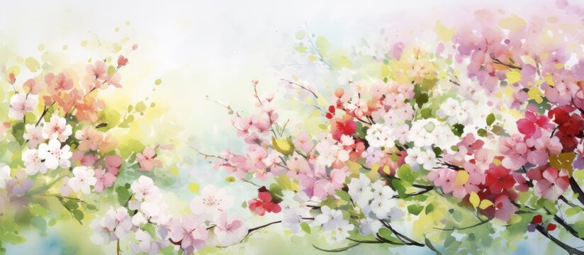 A watercolor painting of a blooming tree in a bright summer garden, featuring vibrant pink and white flowers and delicate pink leaves against a white background.
