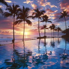 Beautiful resort swimming pool overlooking the ocean, palm trees and beach during stunning scenery sunrising moment.
