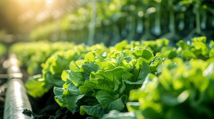 Rows of Lettuce in Greenhouse - obrazy, fototapety, plakaty