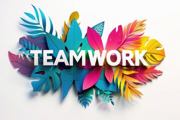 Fototapeta na wymiar Teamwork text sign with rainbow colored leaves on pure white background