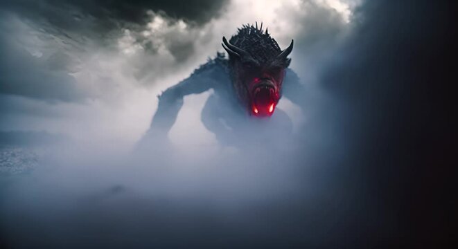 mostro tenebroso con occhi e bocca  luminosi. Spaventoso mostro  fantasma sfondo di  fumo. Genere fantasy horror
