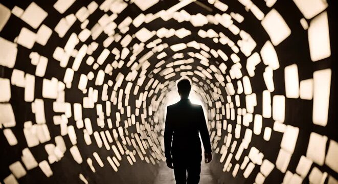 Un uomo  attraversa un tunnel buio verso una luce brillante visto da dietro , uscita dell'anima verso la luce di Dio, vedere la luce in fondo al tunnel