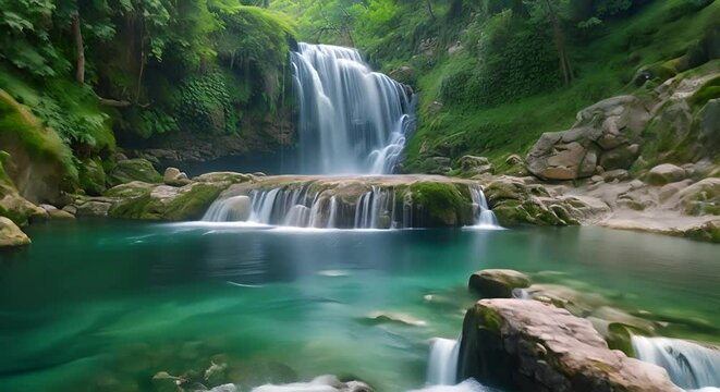 cascata impetuosa che si getta in una piscina naturale, acqua cristallina, rocce muschiose, vegetazione lussureggiante