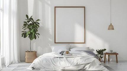 Fototapeta na wymiar Poster frame mockup in bright bedroom interior background with rattan wooden furniture, 3d render, 3d render of a minimalistic classic style bedroom, decorative wooden wall, parquet