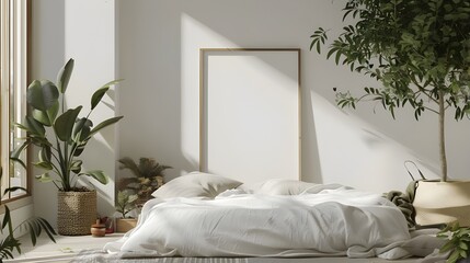 Fototapeta na wymiar Poster frame mockup in bright bedroom interior background with rattan wooden furniture, 3d render