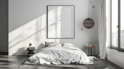 Poster frame mockup in bright bedroom interior background with rattan wooden furniture, 3d render