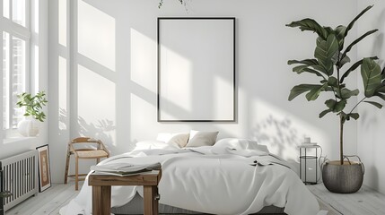 Poster frame mockup in bright bedroom interior background with rattan wooden furniture, 3d render, 3d render of a minimalistic classic style bedroom, decorative wooden wall