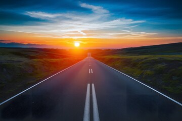 Symbolic journey Blurry road at sunset embodies travel concept - obrazy, fototapety, plakaty