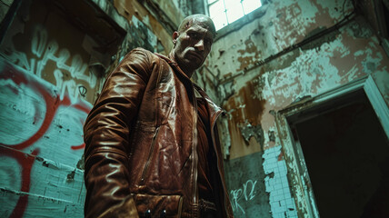 Fototapeta premium Man in leather jacket with graffiti background.