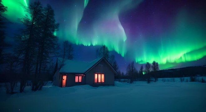 cottege con luci accese nella neve della Norvegia, aurora boreale spettacolare che cambia colore