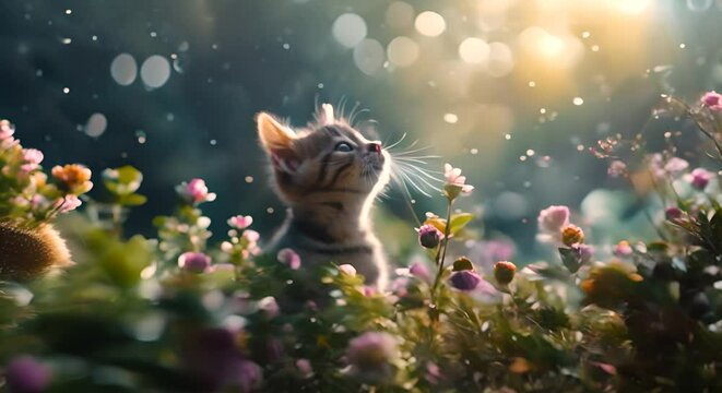 gattino cucciolo che guarda all'insù in un prato fiorito primaverile, efeetti bokeh dello sfondo, sensazione di amore e relax