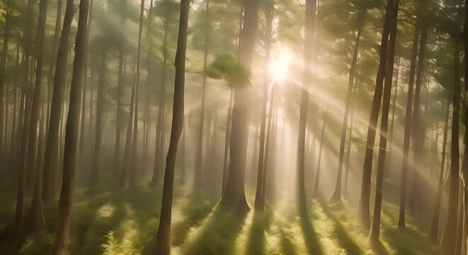 bellissima foresta umida con raggi di sole che sbucano tra gli alberi, foresta pluviale incantata, meraviglie della natura