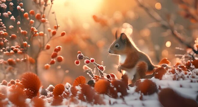 simpatico scoiattolo al tramonto che cerca di nutrirsi con bacche rosse tra la neve dell'inverno, tepore e senso di pace, effetto bokeh del sole nello sfondo