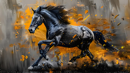 The background is an abstract artistic background. Vintage illustration with horse and golden brush strokes. Textured background. Oil on canvas. Modern Art. Grey, wallpaper, poster, card, mural,