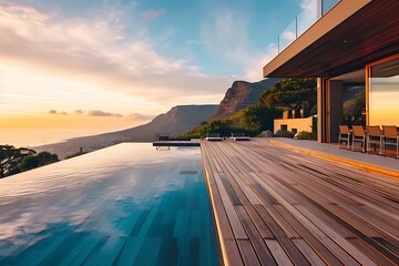 Modern luxury house with a wooden deck and swimming pool overlooking the ocean in Cape Town, during sunset time in golden hour.