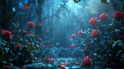 Fototapeta na wymiar Fantasy fairytale forest with roses and butterflys background, magical forest wallaper 