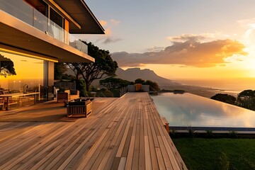 Naklejka premium Modern luxury house with a wooden deck and swimming pool overlooking the ocean in Cape Town, during sunset time in golden hour.