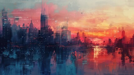 Abstract painting of a cityscape at sunset. Colorful background. - obrazy, fototapety, plakaty