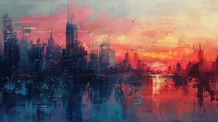 Zelfklevend Fotobehang Abstract painting of a cityscape at sunset. Colorful background. © Manzoor