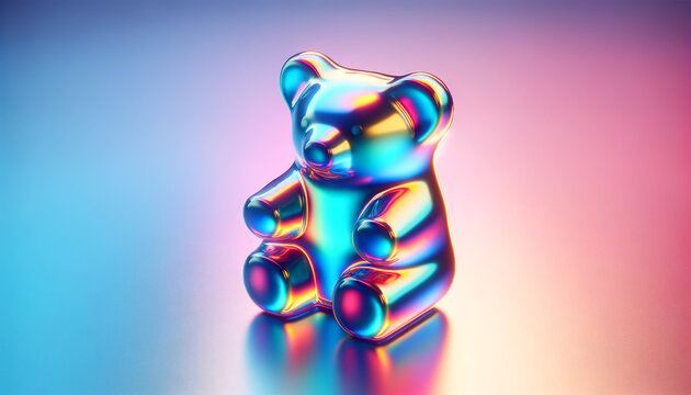 Futuristic Iridescent Gummy Bear on Gradient Background. High-resolution 3D render of a gummy bear with an iridescent texture that reflects a spectrum of colors like pink, blue, and yellow.
