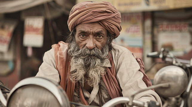 Retrato de hombre Indio con barba y turbante sentando en la calle en india. Persona mayor en india con barba representando en hinduismo como cultura.