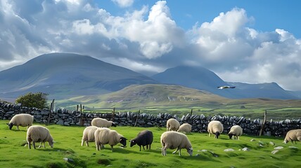 Fototapeta premium Sheep and rams grazing in Connemara mountains, Ireland - Generative AI