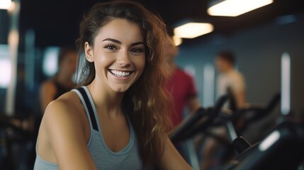 Fototapeta na wymiar attractive caucasian girlfriend happiness time in gym workout on stationary bicycle
