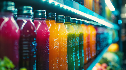 Bottles of juice on a supermarket shelf